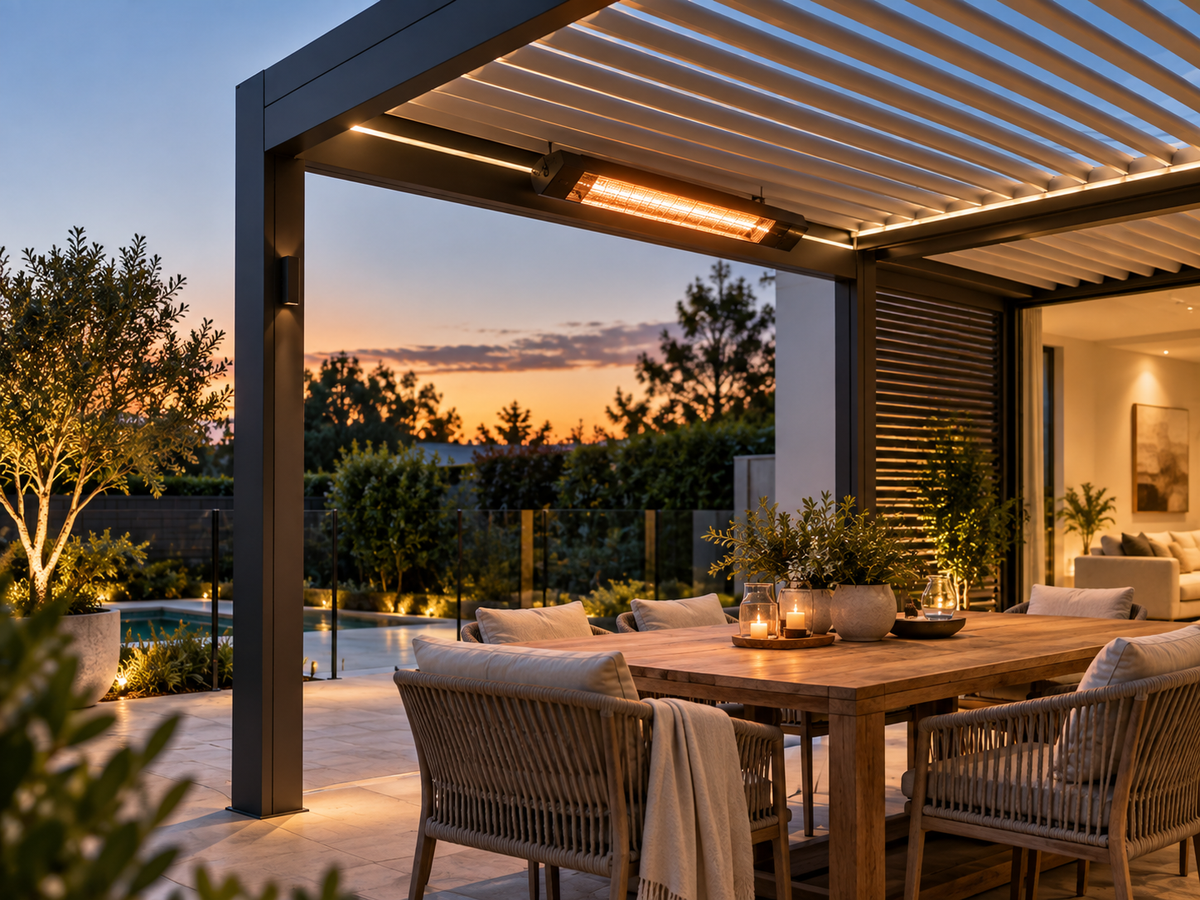 Outdoor dining area beneath a louvred pergola with an overhead heater at dusk