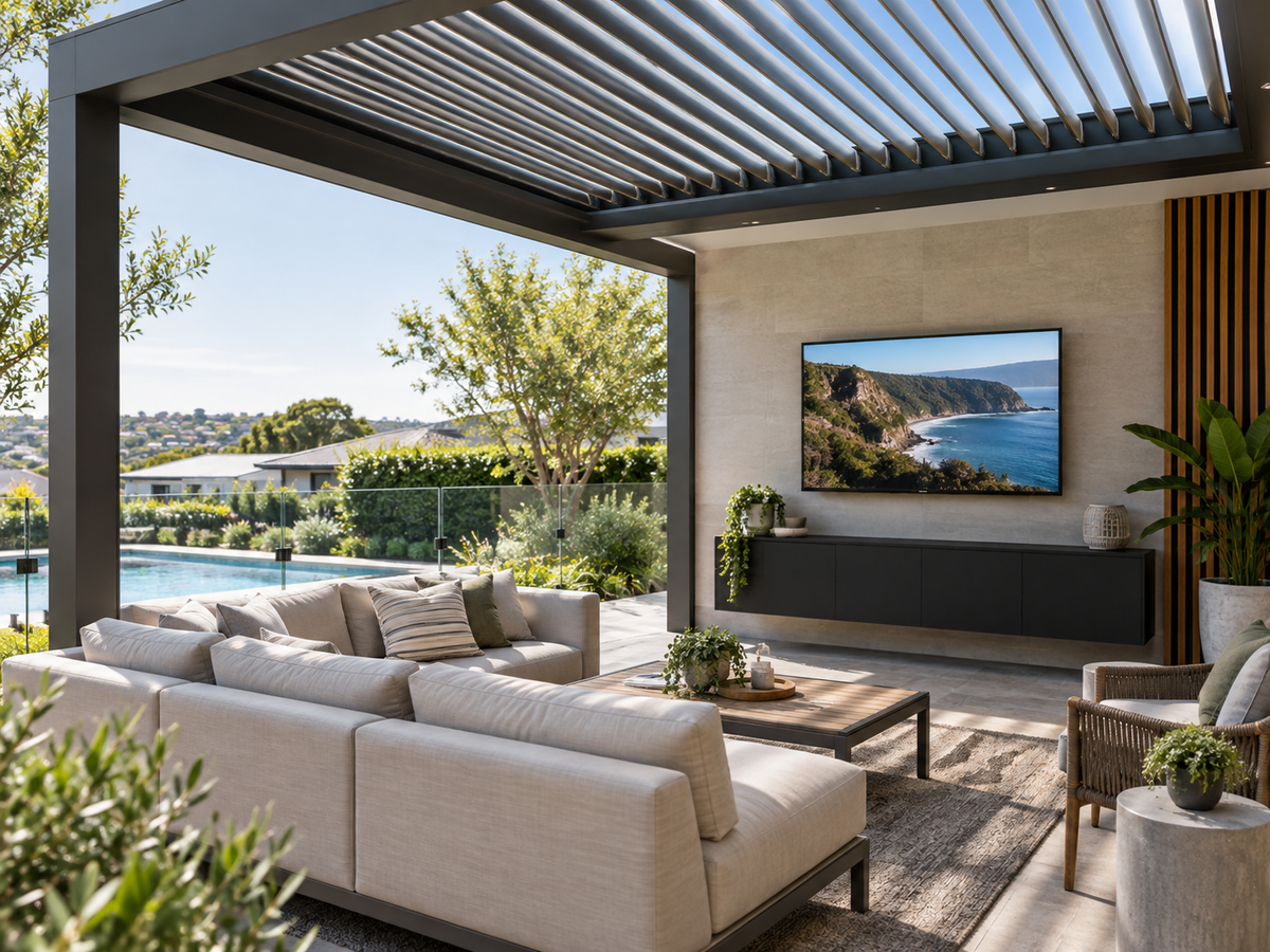 Outdoor TV lounge beneath an aluminium louvred pergola with seating facing a wall-mounted screen