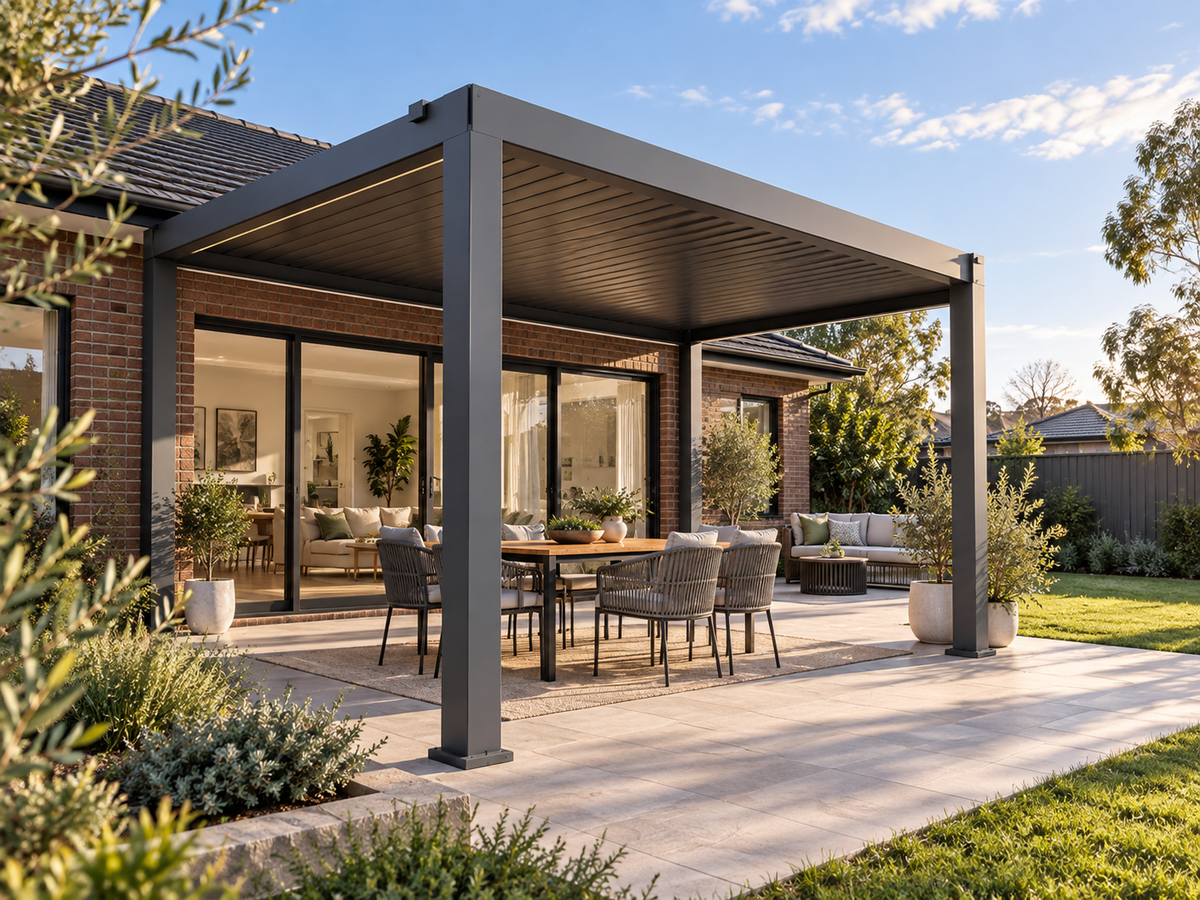 Dark grey louvred pergola over a bright Australian backyard patio in winter sunlight