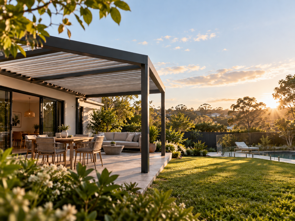 Modern aluminium louvred pergola overlooking an Australian backyard at sunset