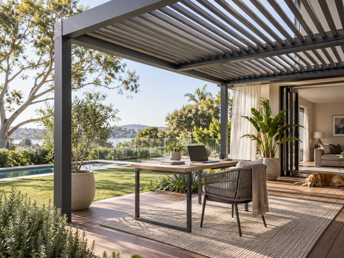 Outdoor home office with a laptop under an aluminium louvred pergola in an Australian backyard