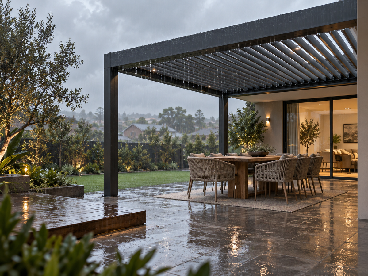 Modern aluminium louvre roof pergola over an outdoor dining area in the rain