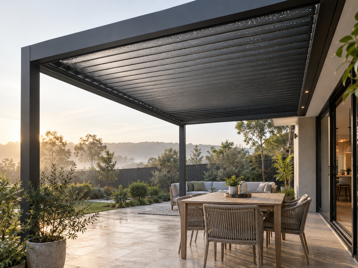 Modern aluminium louvred pergola with light condensation beneath the roof in an Australian backyard