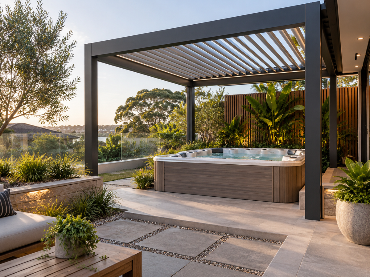 Modern aluminium louvred pergola over a backyard hot tub with open sides and privacy planting.