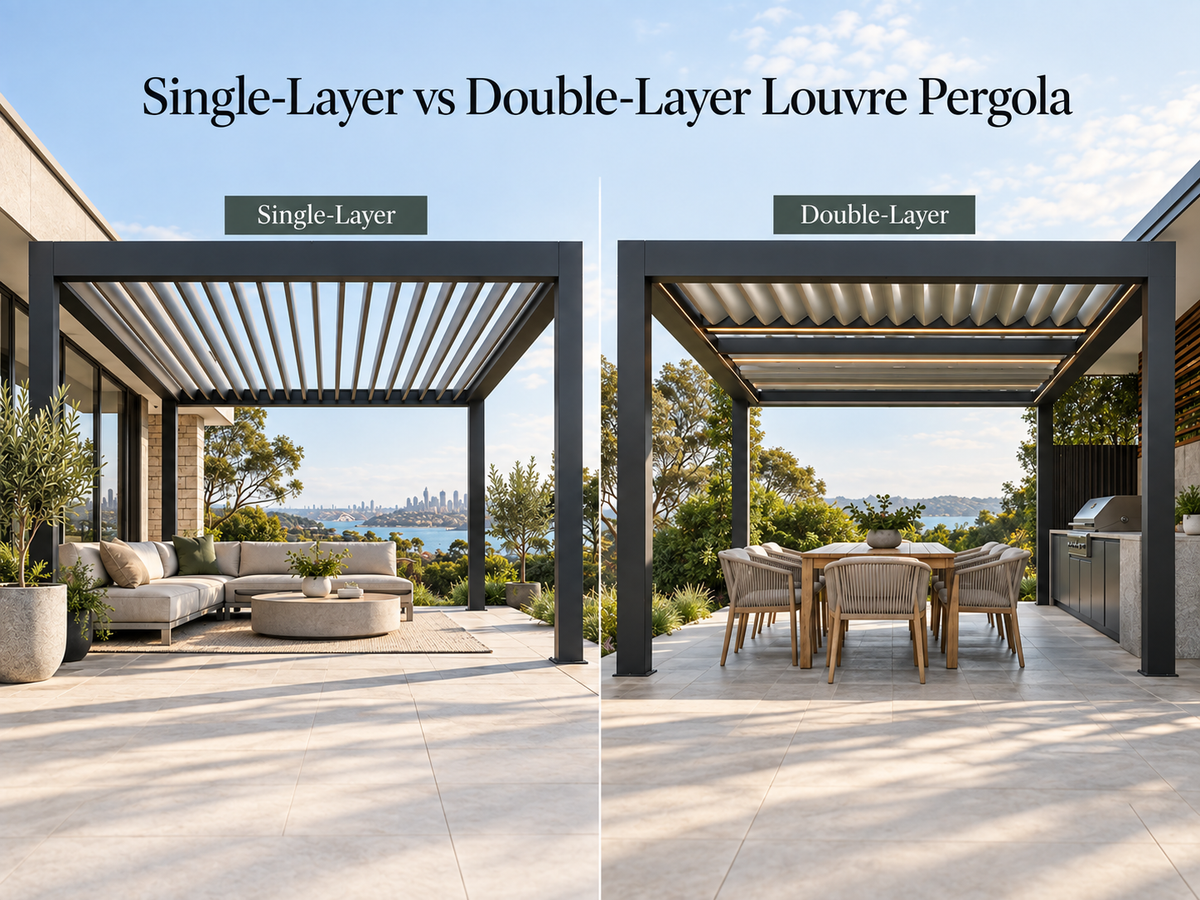 Single-layer and double-layer louvre pergolas shown side by side in outdoor patio settings