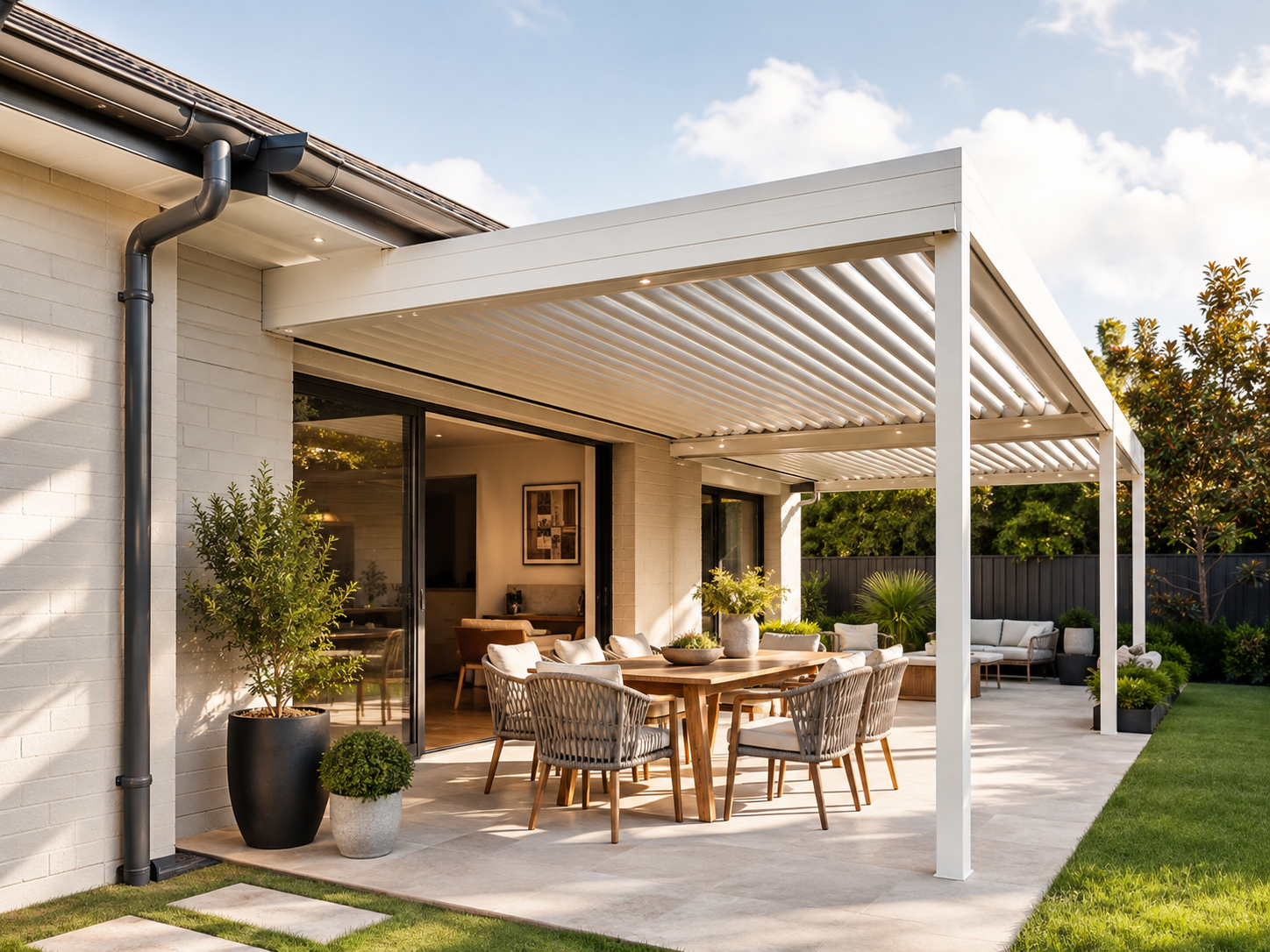 Patio roof planned around existing gutters and downpipes