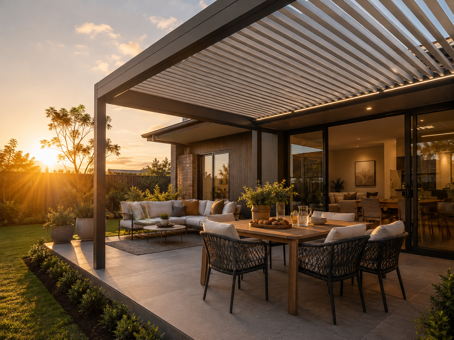 Louvred patio cover shading an outdoor dining and lounge area from low west-facing afternoon sun