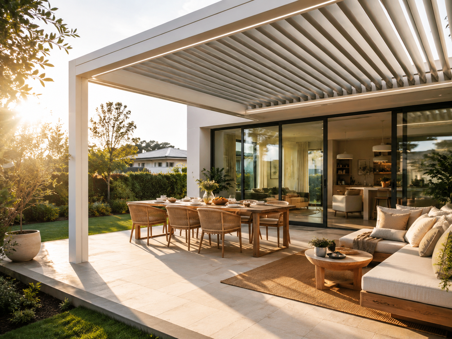 Adjustable pergola roof with morning sunlight over a north-facing outdoor dining area