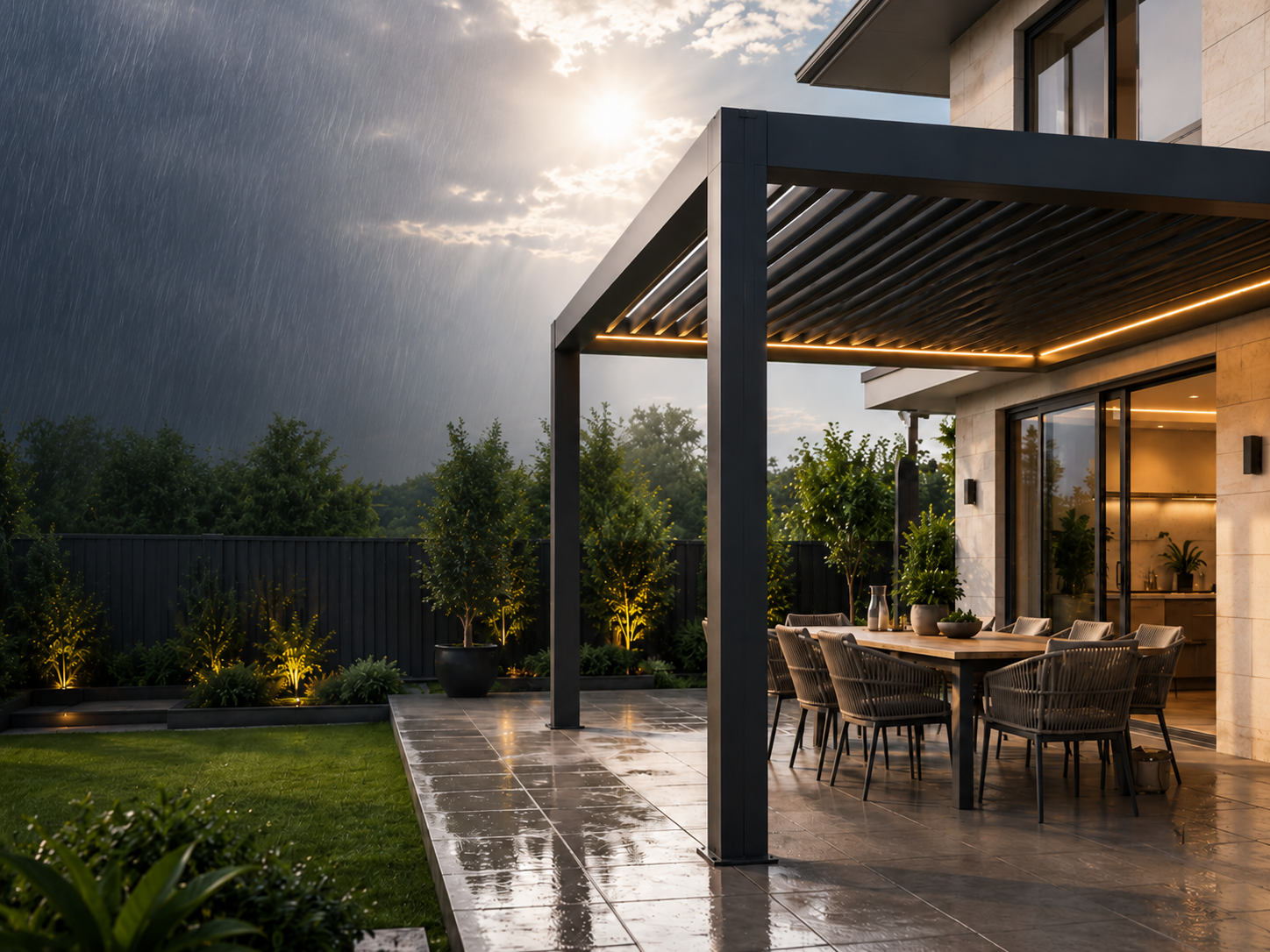 Patio cover for an Australian backyard with a charcoal aluminium louvred pergola in sun and rain