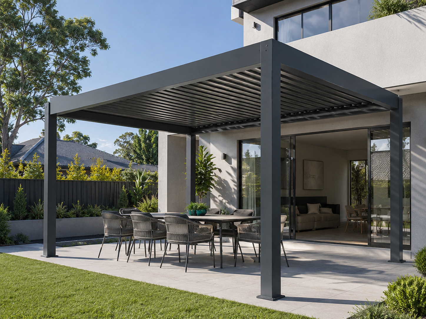 Charcoal aluminium pergola kit over a modern Australian backyard dining patio