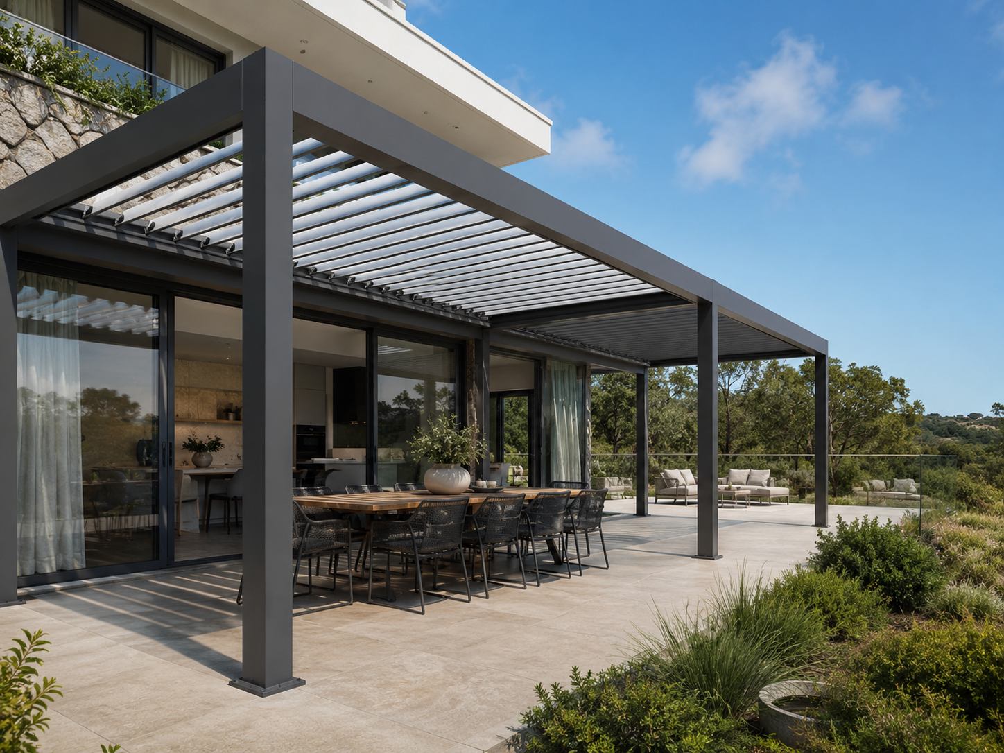 Motorised pergola with aluminium louvres over a large Australian backyard patio