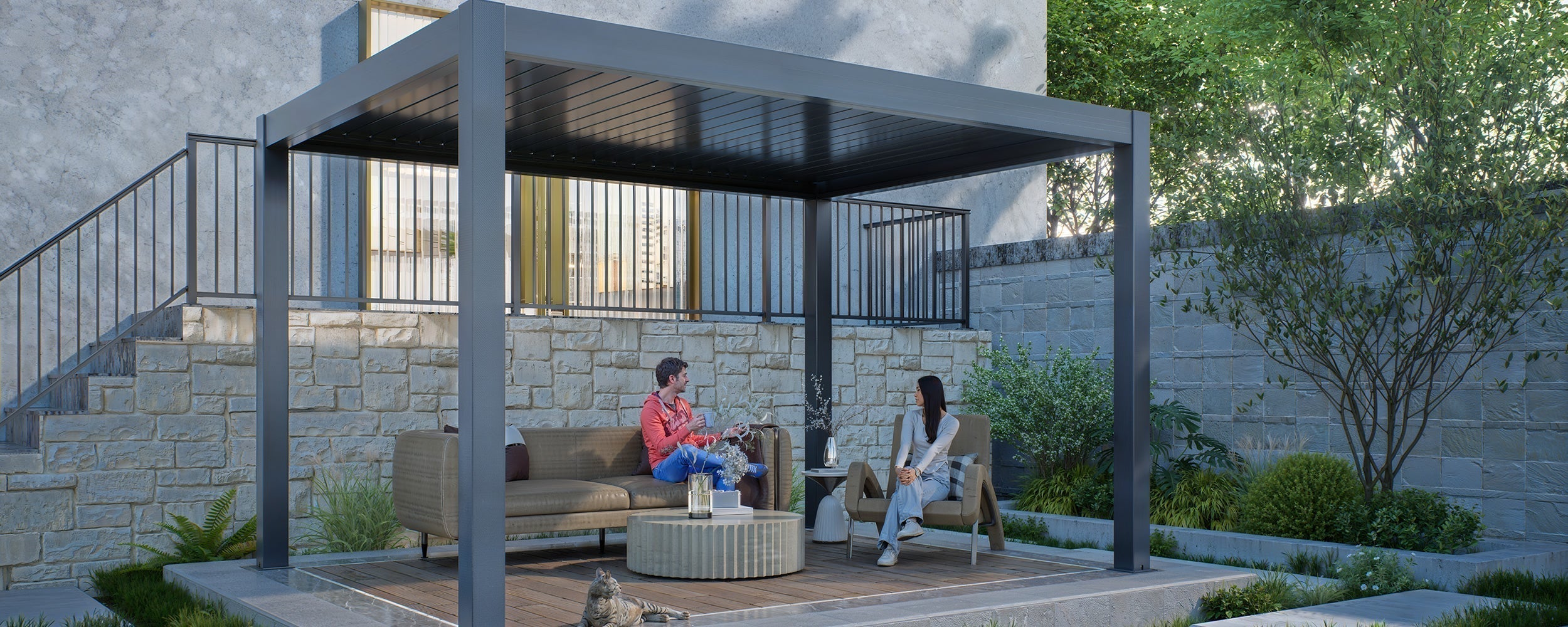 Custom aluminium louvred pergola for a covered outdoor seating area