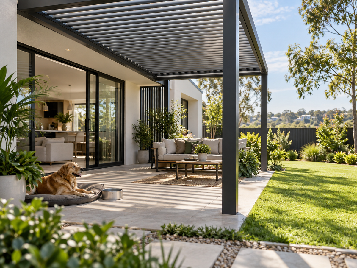 Dog resting in shade beneath an aluminium louvred pergola in a landscaped backyard