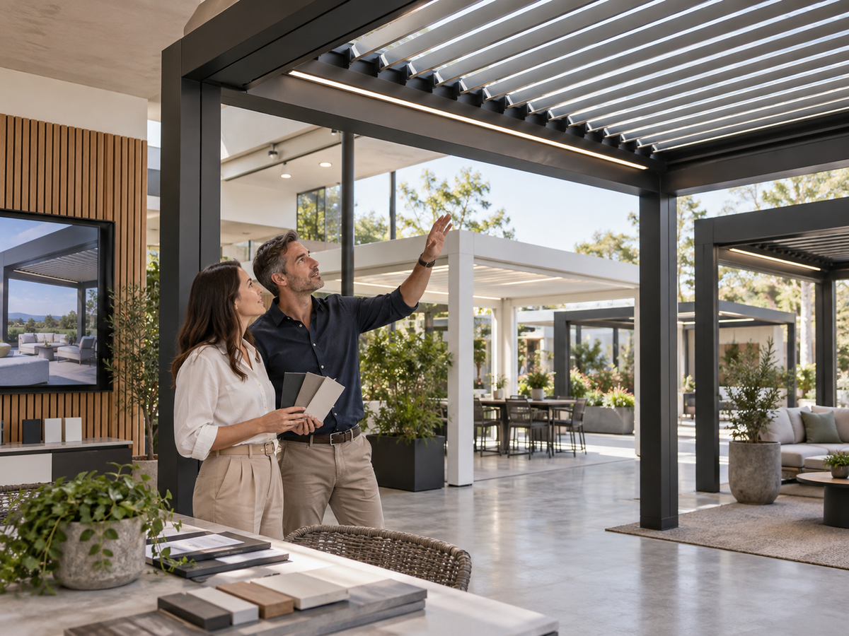 Couple comparing a louvred pergola and colour samples in a modern outdoor showroom