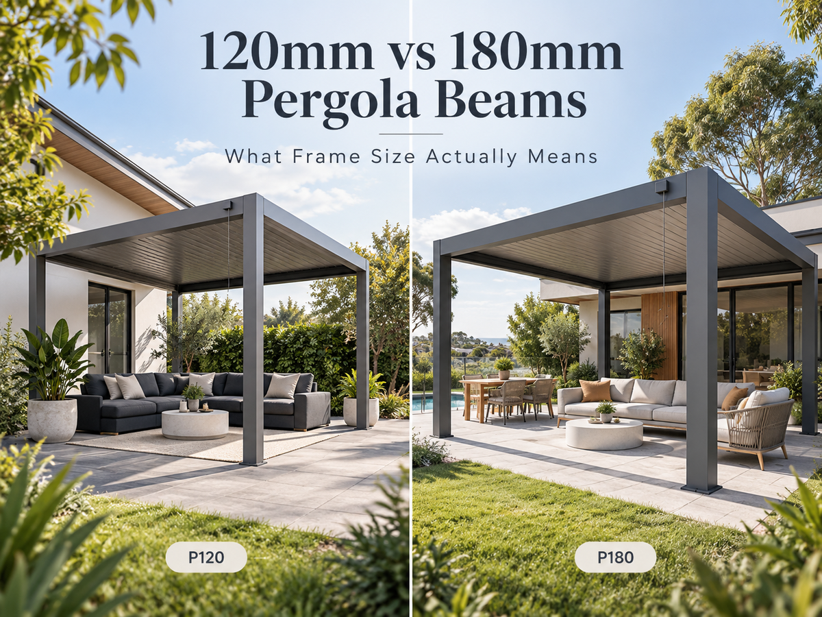 P120 and P180 aluminium pergola frame comparison in a modern backyard setting