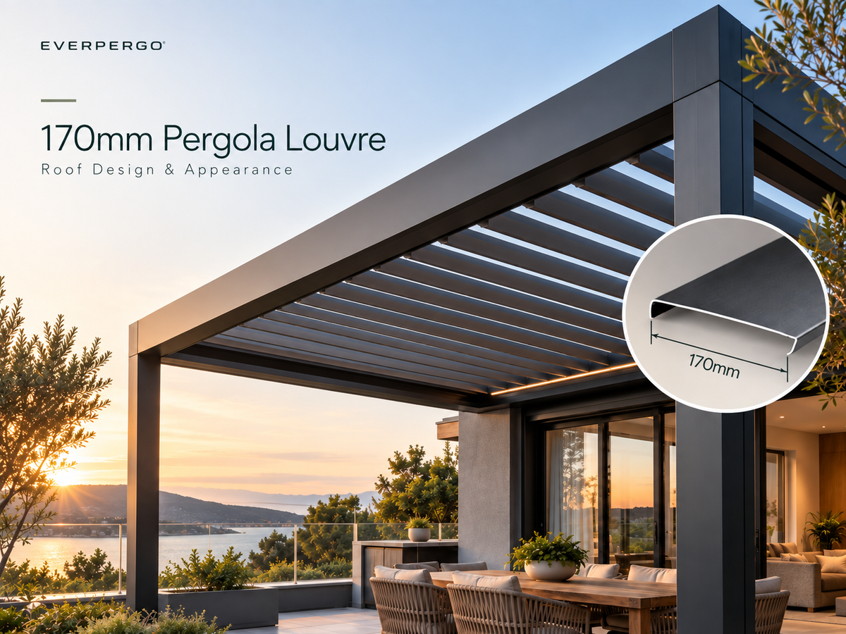 Everpergo pergola with 170mm louvre roof in an outdoor living space