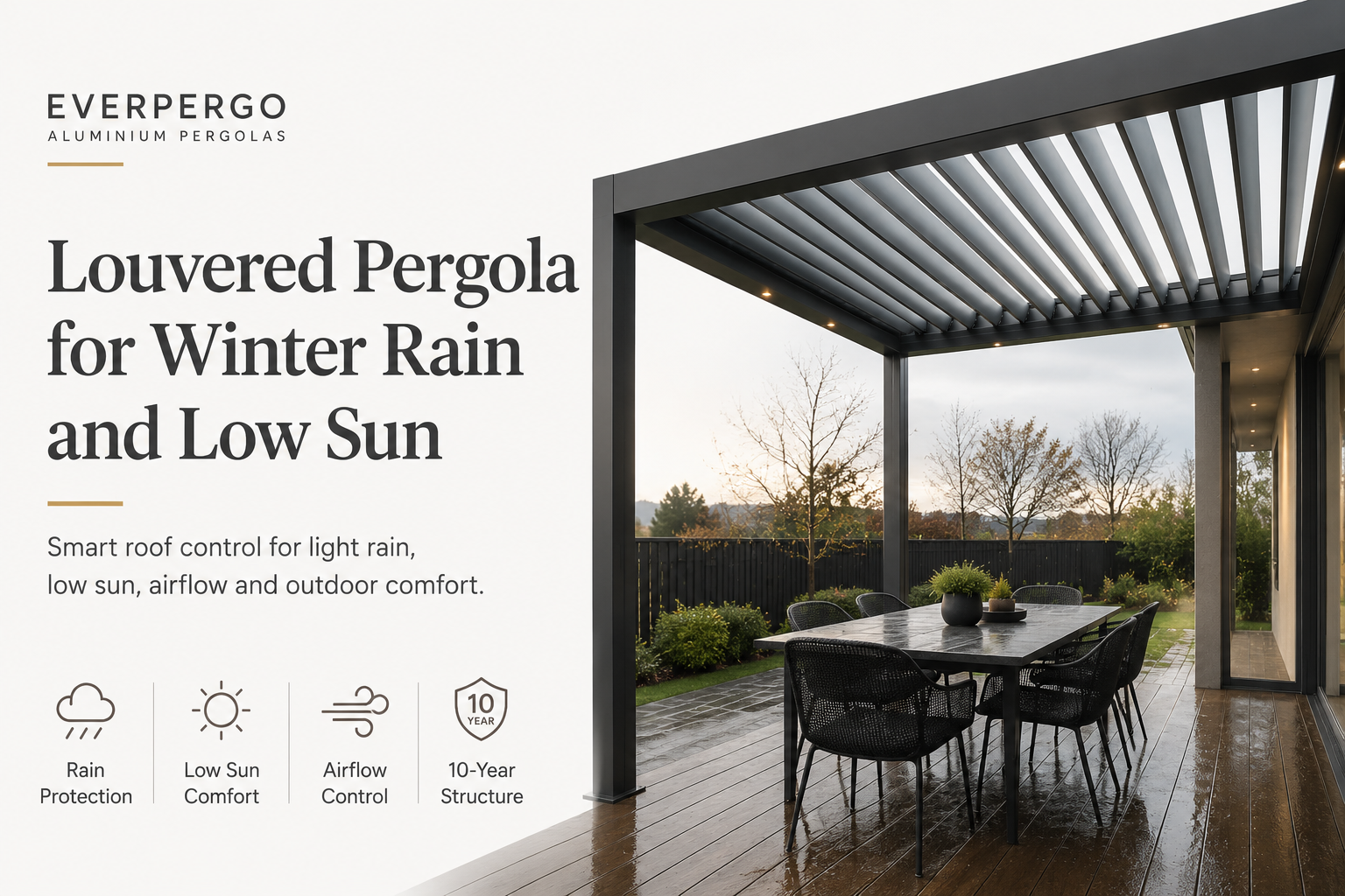 Louvered Pergola for Winter Rain and Low Sun