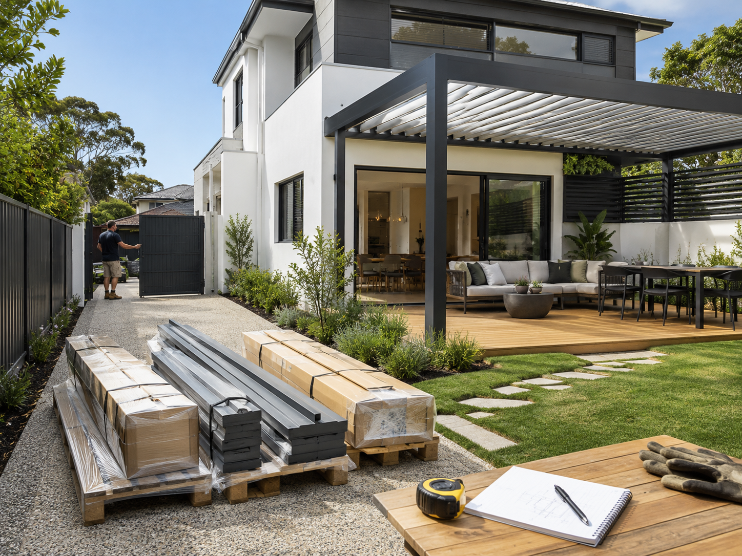 Pergola kit delivery and site preparation at a modern Australian home