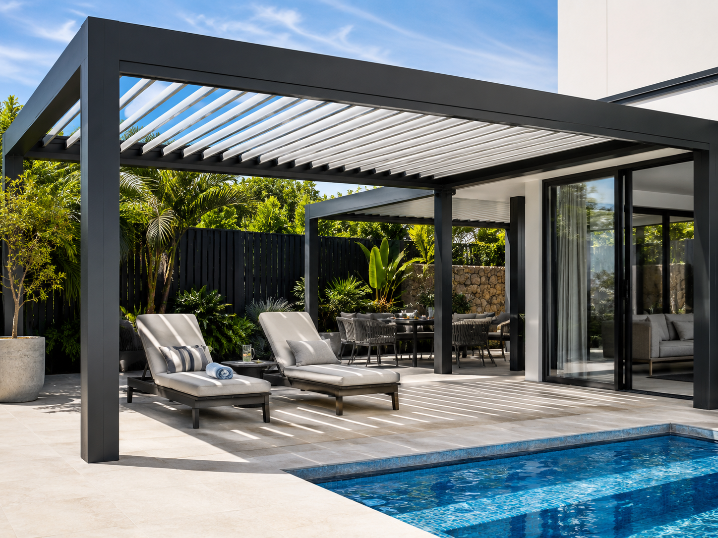 Louvered roof system providing adjustable shade beside a modern swimming pool
