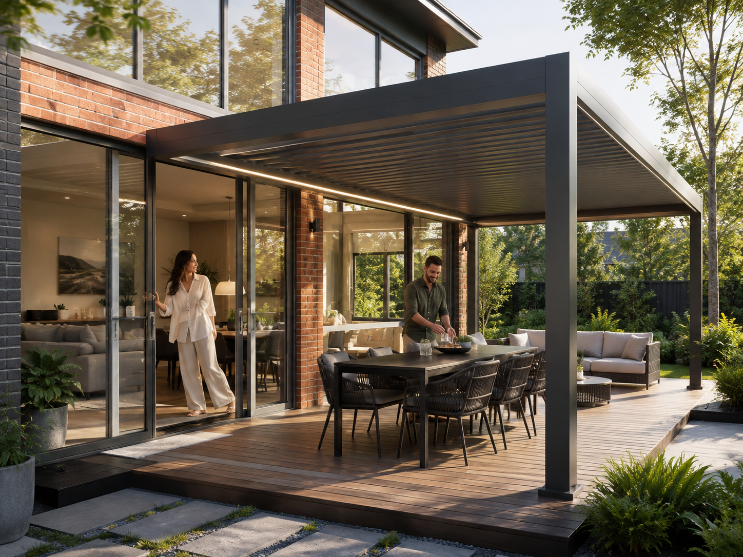 Charcoal aluminium patio cover beside sliding doors and large windows with an outdoor dining area