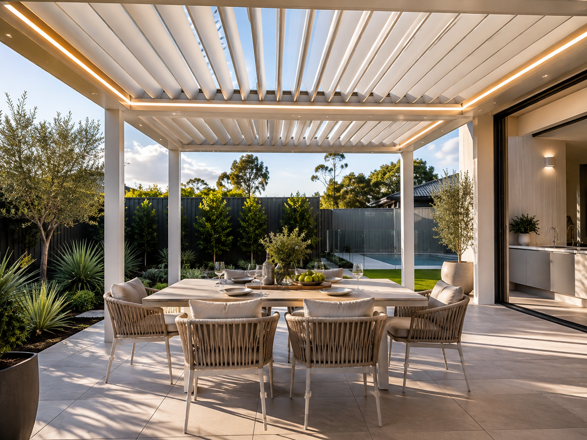 Bioclimatic pergola with adjustable louvres over an outdoor dining area in Australia