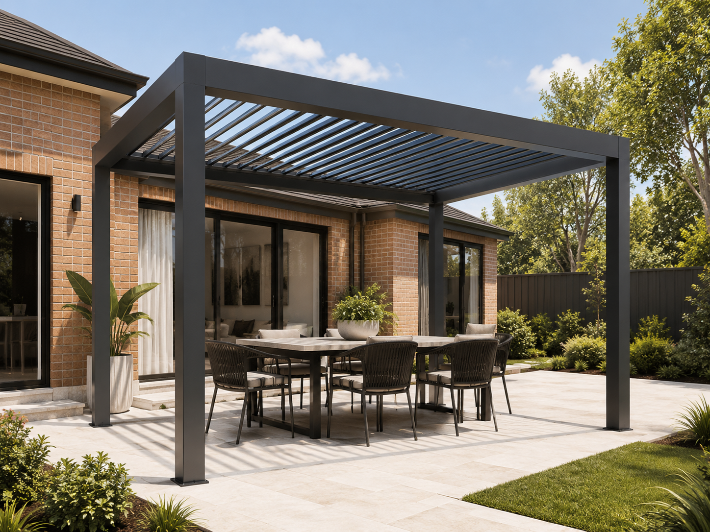 Patio roof with aluminium louvred pergola over backyard dining area at an Australian home
