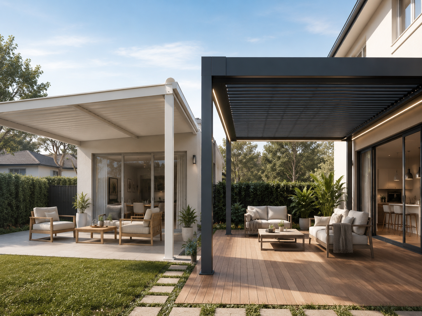 Traditional patio cover beside an aluminium pergola kit in an Australian backyard outdoor living space