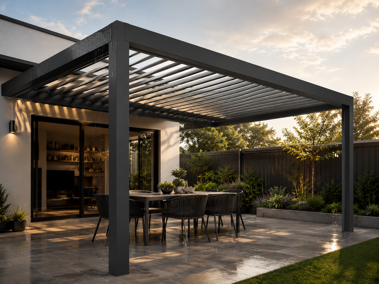 Louvered roof system with adjustable aluminium roof blades over an Australian backyard patio