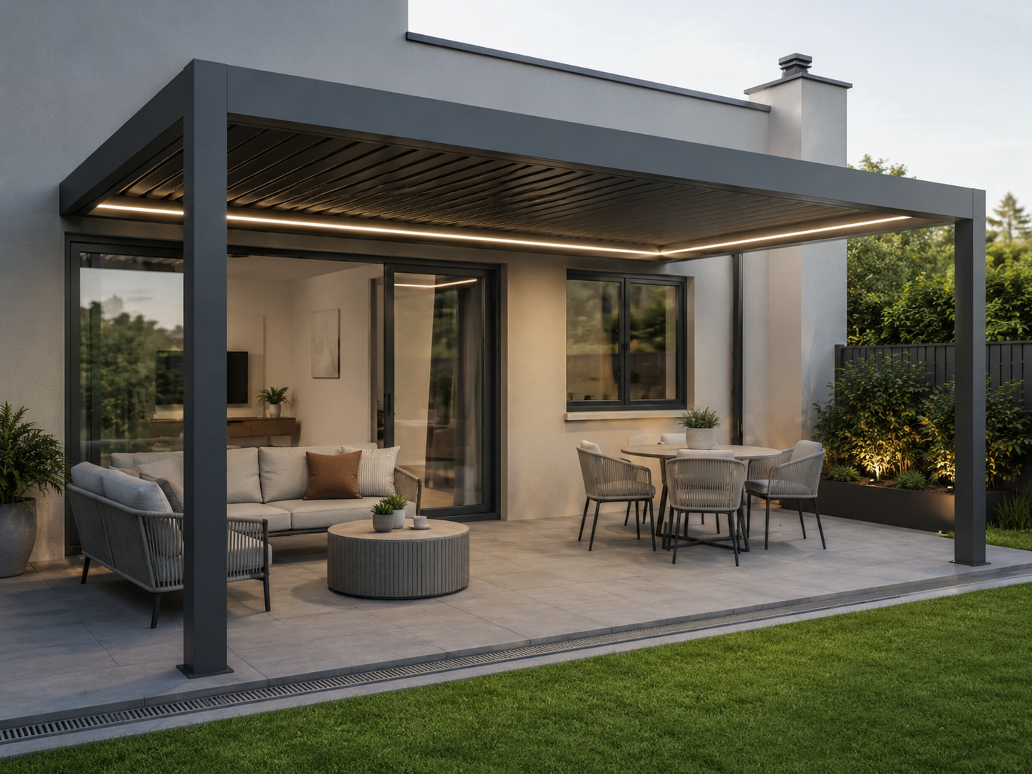 Modern aluminium louvered pergola kit over a covered patio with posts, sliding doors and patio drainage at an Australian home