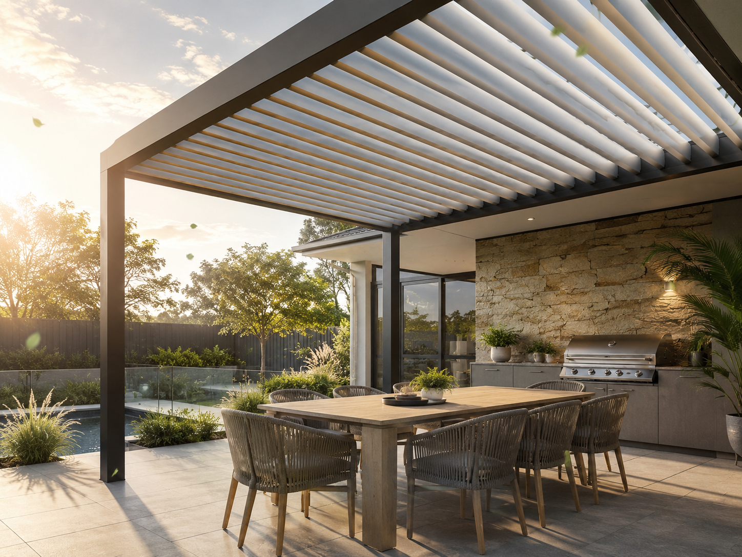 Adjustable pergola roof over an Australian backyard patio with angled aluminium louvres, outdoor dining area and BBQ space