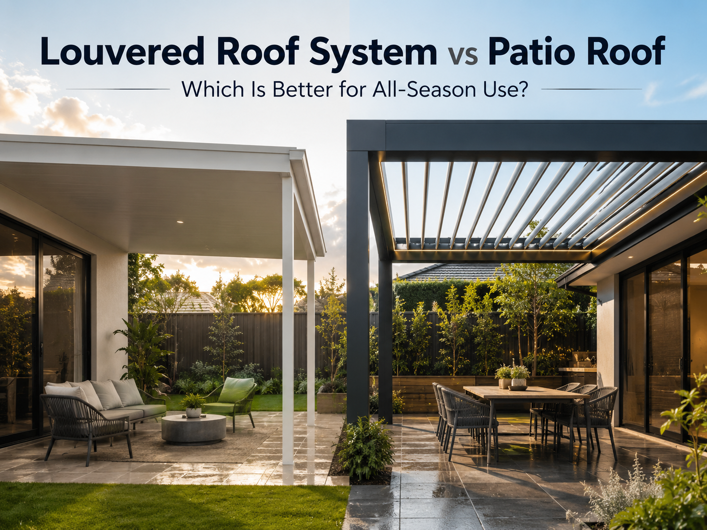 Louvered roof system vs patio roof for all-season outdoor living in an Australian backyard