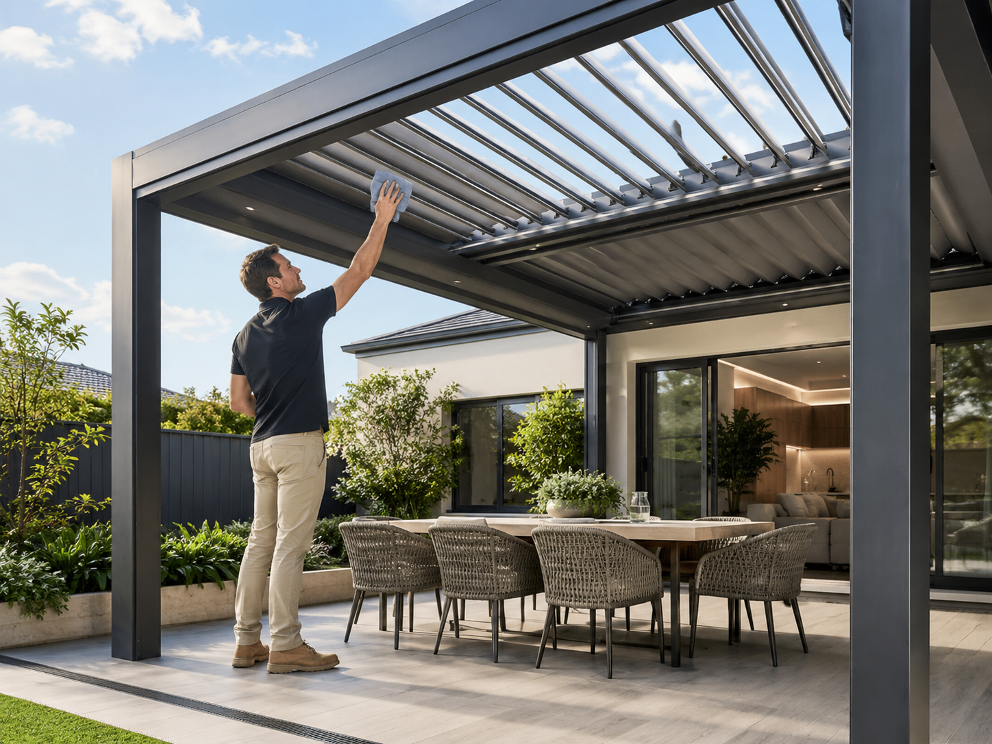 Motorised pergola maintenance for an Australian backyard with aluminium louvres being cleaned above an outdoor dining area