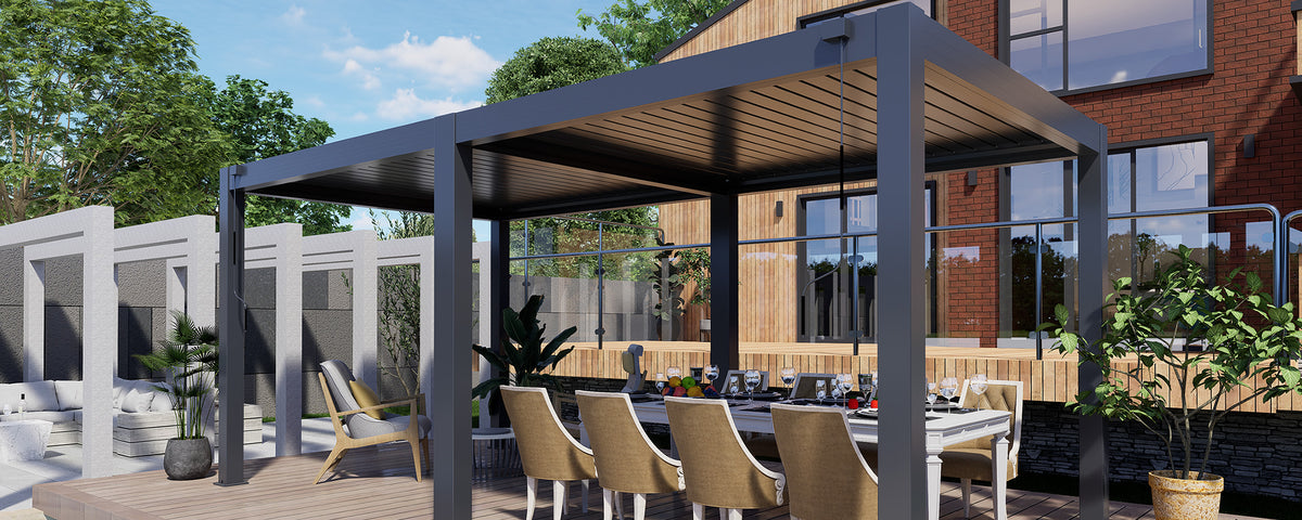 Large aluminium pergola covering an outdoor dining table and lounge area