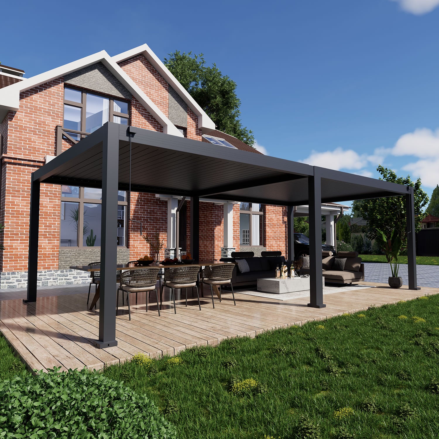 Large pergola covering dining and lounge zones in one refined outdoor entertaining layout