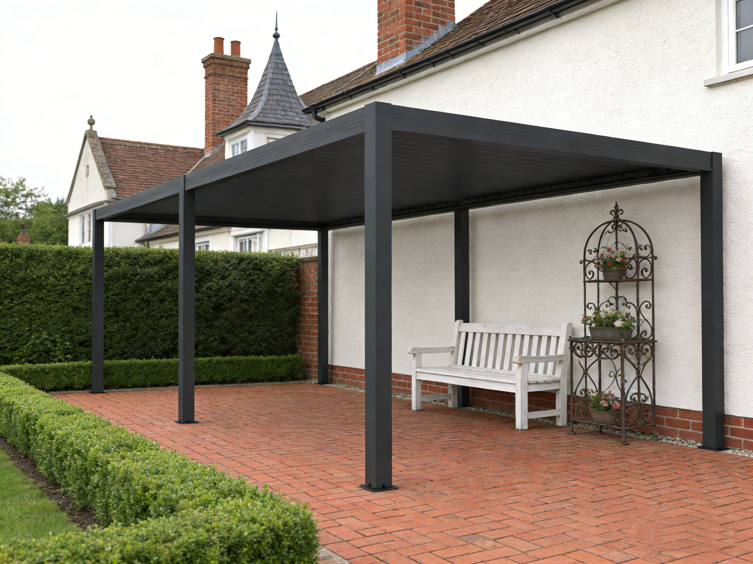 covered patio with Everpergo P180 aluminium louvred pergola for shade and rain protection at Australian home